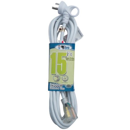 Conntek SJTW Extension Cord, 16 AWG, Indoor, 16/3, 1 Outlets, 5-15R, White, PVC, 5-15P, 15 ft 24161-180